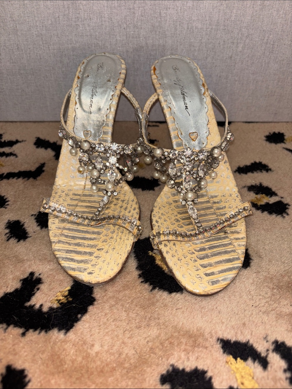 Beverly Feldman Embellished Pearl & Crystal T-Strap Sandals